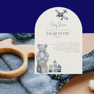 Cream & Blue Baby Toys Arch Baby Shower Invitation