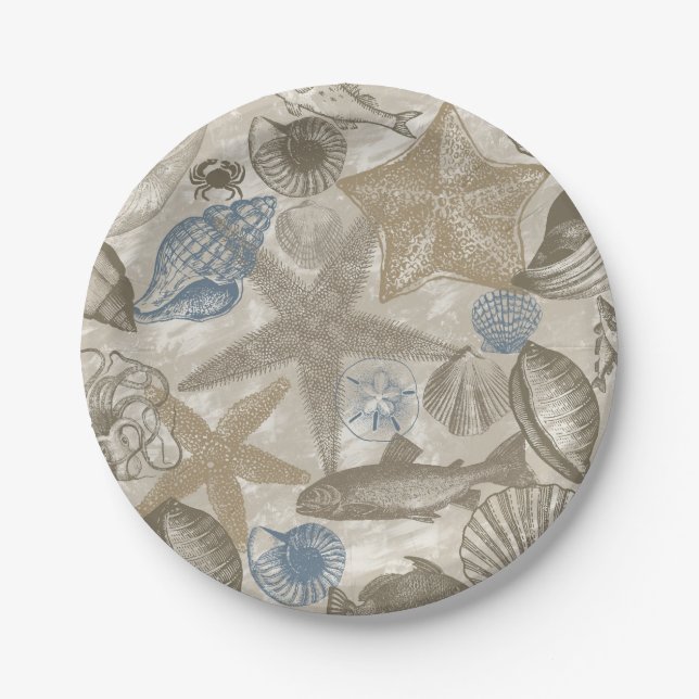 Cream Blue Beach Sea Shells Paper Plate (Front)
