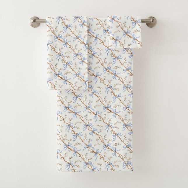 Cream Blue Bows Bath Towel Set (Insitu)