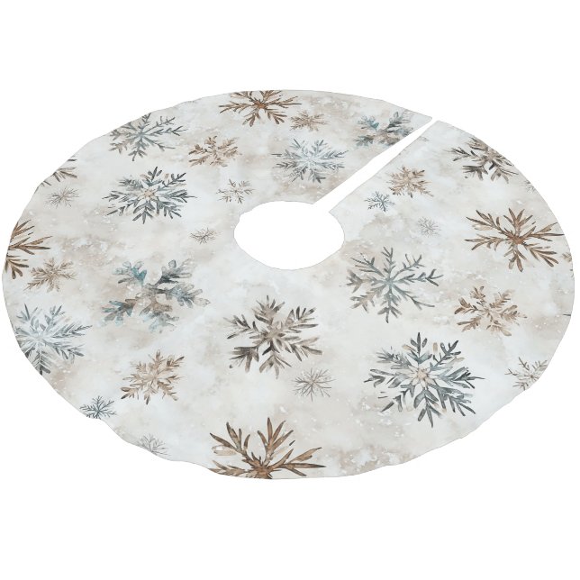 Cream Blue Brown Snowflakes Christmas Brushed Polyester Tree Skirt (Angled)