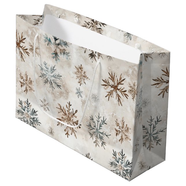 Cream Blue Brown Snowflakes Christmas Large Gift Bag (Front Angled)
