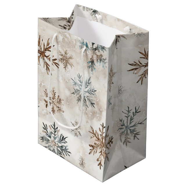 Cream Blue Brown Snowflakes Christmas Medium Gift Bag (Front Angled)