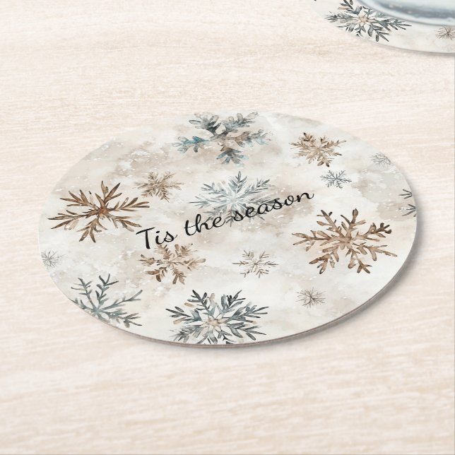 Cream Blue Brown Snowflakes Christmas Round Paper Coaster (Angled)