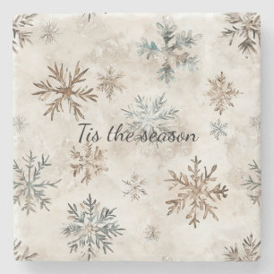 Cream Blue Brown Snowflakes Christmas Stone Coaster