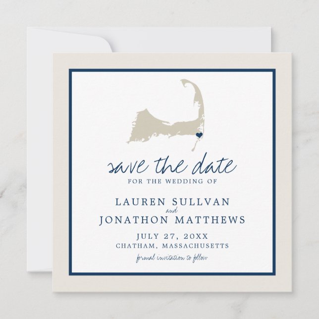Cream Blue Cape Cod Map Wedding Save the Date (Front)