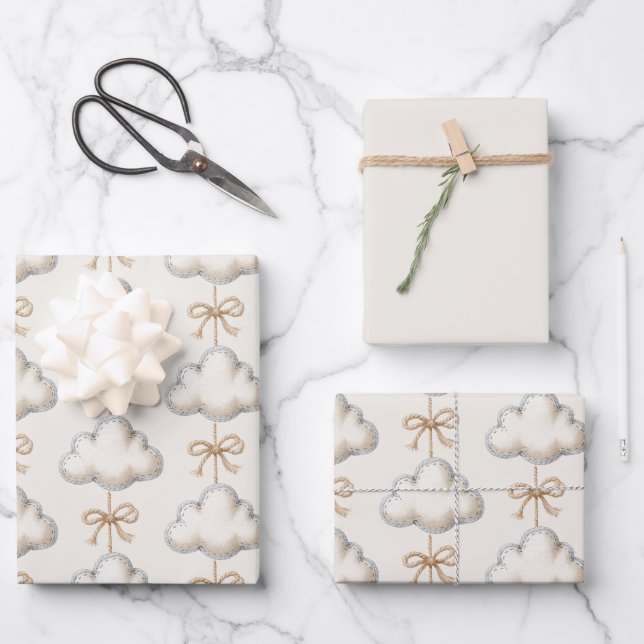 Cream Blue Cloud Nine Baby Shower Wrapping Paper Sheet (Front)