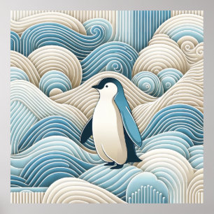 Cream Blue Cool Baby Penguin Winter Ice Snow Wave Poster