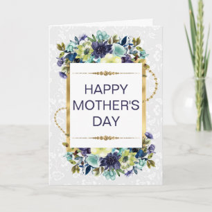 Cream & Blue Flowers & Gold Glitter Mother's Day Card