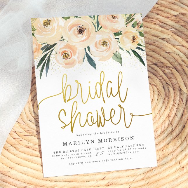 Cream & Blue Flowers Gold Script Bridal Shower Invitation (Creator Uploaded)