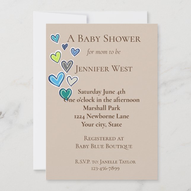 Cream Blue Green Hearts Baby Shower Invitation (Back)