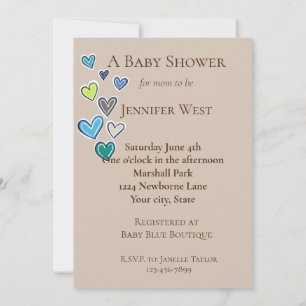 Cream Blue Green Hearts Baby Shower Invitation