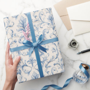Cream Blue Leaf Bridal Shower Wrapping Paper