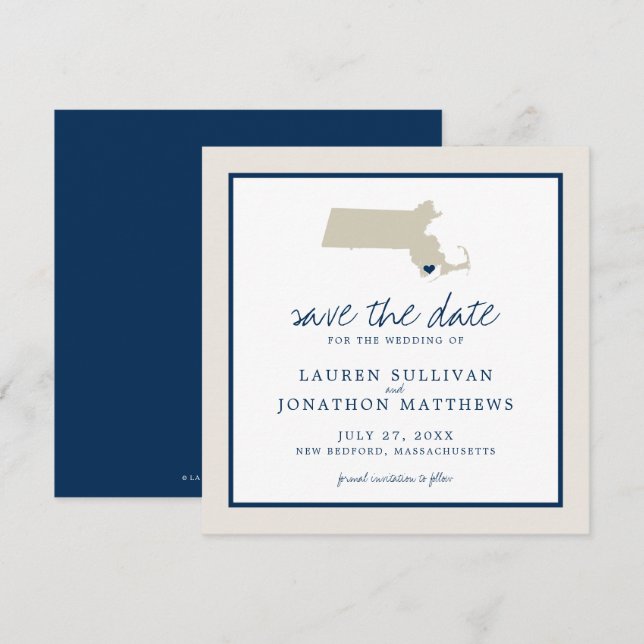 Cream Blue Massachusetts Map Wedding Save the Date (Front/Back)