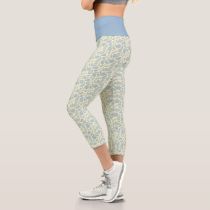 Cream-Blue Paisley Pattern High Waisted Capris