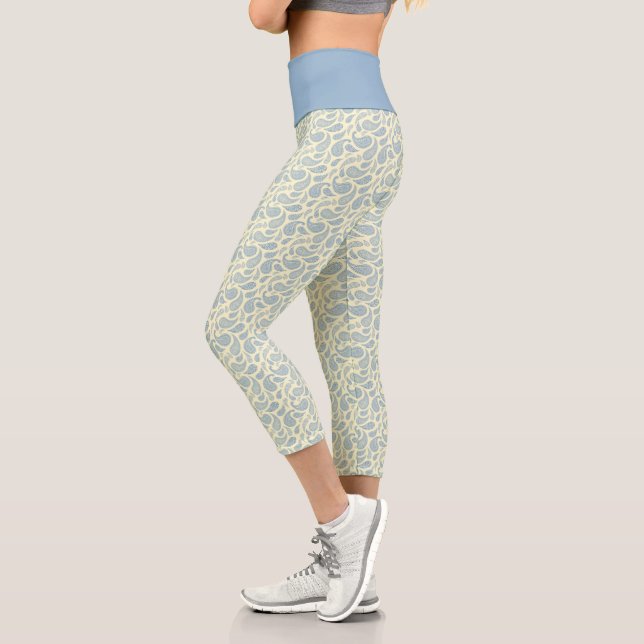 Cream-Blue Paisley Pattern High Waisted Capris (Left)