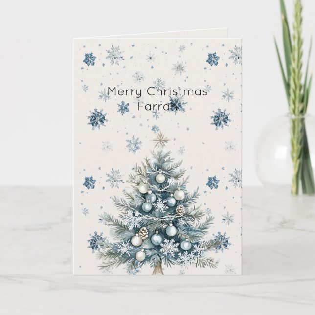 Cream Blue Snowflakes Christmas Tree Card (Front)