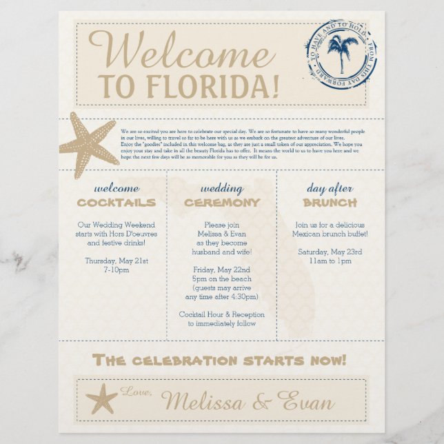 Cream & Blue  Starfish Welcome Florida Letter (Front)