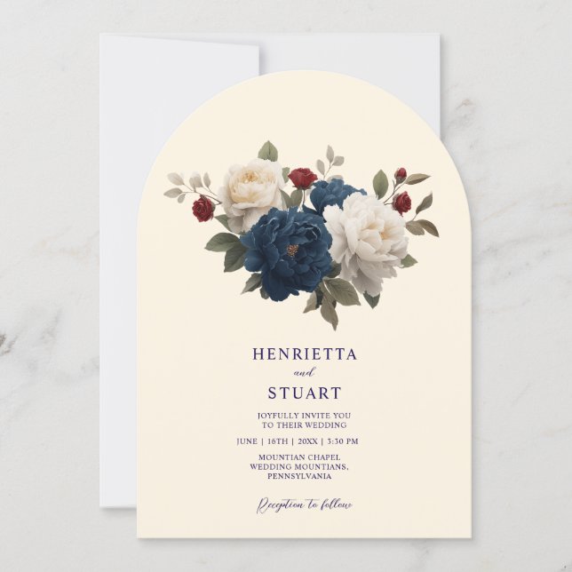 Cream Blue Terracotta Floral Arch all in one Invitation (Front)