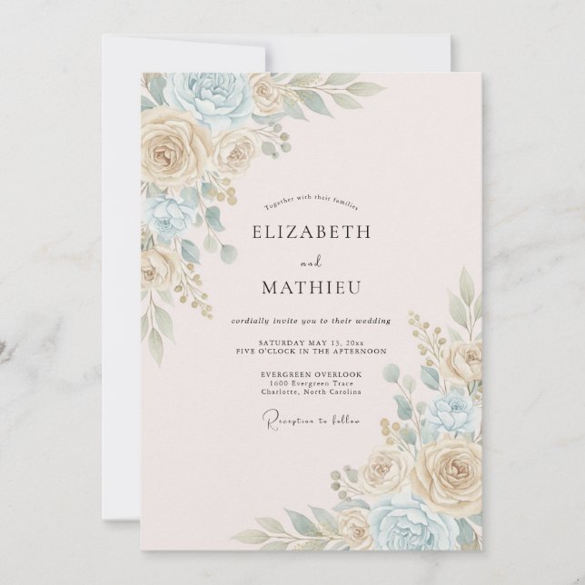 Cream Blue Whimsical Bloom Wedding Invitation (Front)