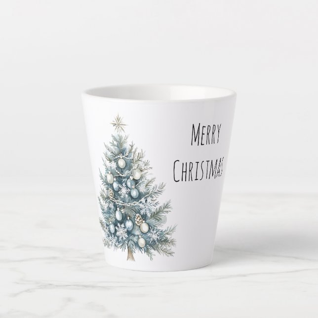 Cream Blue Winter Christmas Tree Latte Mug (Front)