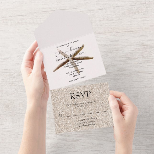 Cream Blush Beach Starfish Wedding All In One Invitation (Tearaway)