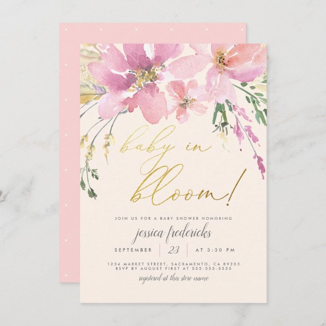 Cream Blush Gold Baby in Bloom Floral Baby Shower Invitation (Front/Back)
