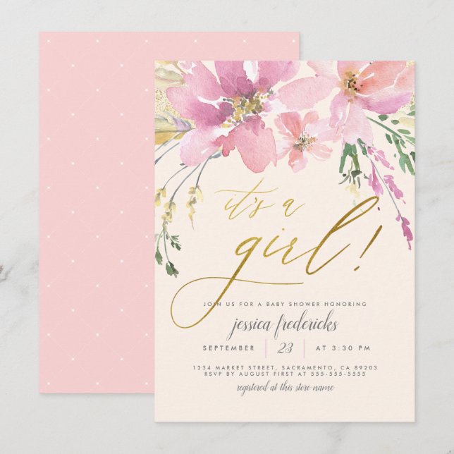 Cream Blush & Gold It's A Girl Floral Baby Shower Invitation (Front/Back)