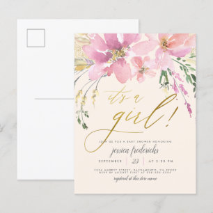 Cream Blush & Gold It's A Girl Floral Baby Shower Invitation Postcard