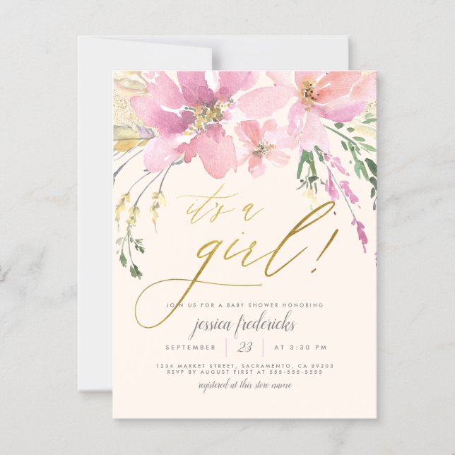 Cream Blush & Gold It's A Girl Floral Baby Shower Magnetic Invitation (Front)