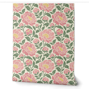 Cream, Blush Pink and Sage Chintz Peony Floral Wallpaper
