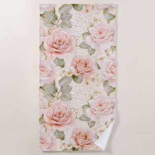 Cream Blush Pink Roses Floral Bridal Shower Beach Towel