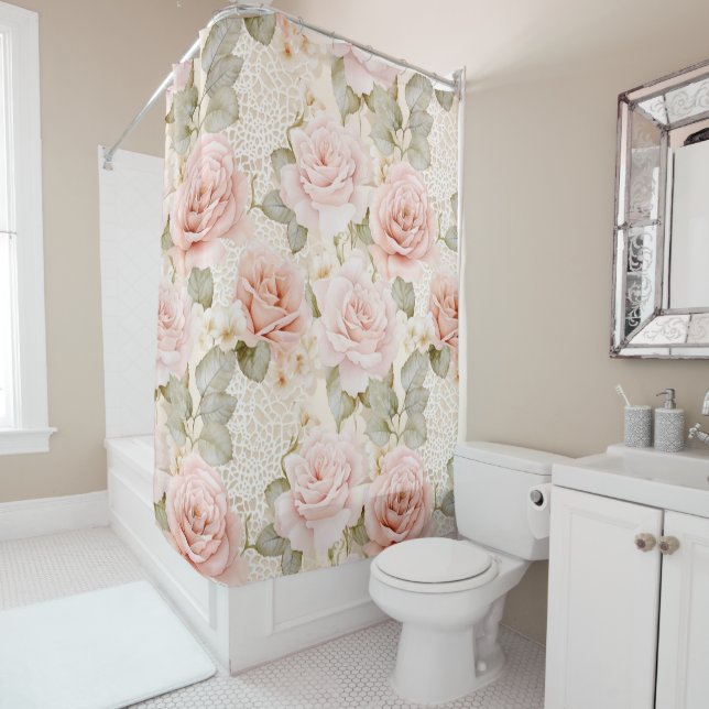 Cream Blush Pink Roses Floral Bridal Shower Curtain (In Situ)