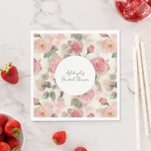 Cream Blush Pink Roses Floral Bridal Shower Napkin