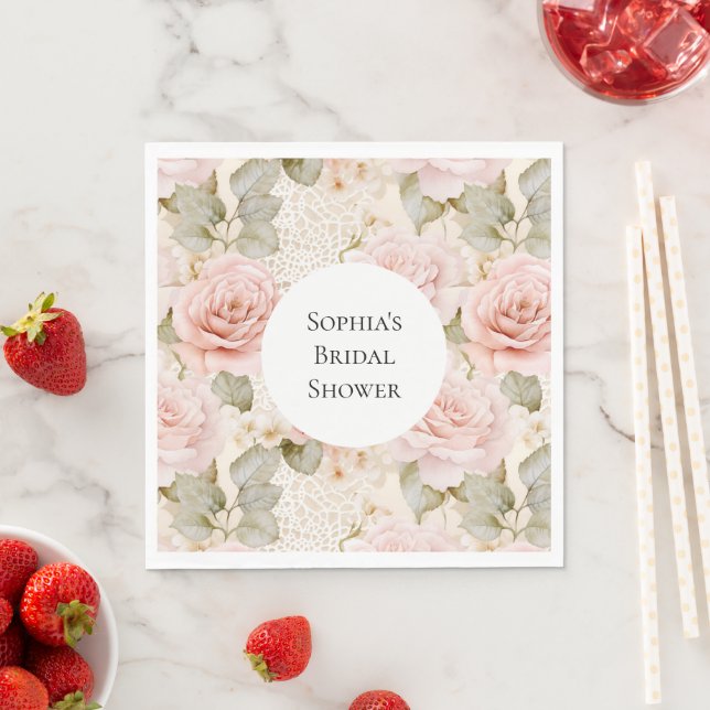 Cream Blush Pink Roses Floral Bridal Shower Napkin (Insitu)