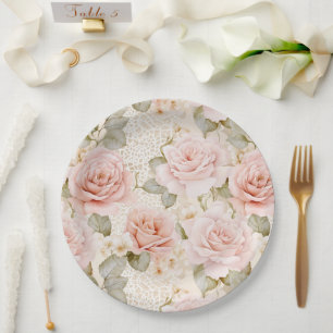 Cream Blush Pink Roses Floral Bridal Shower Paper Plate