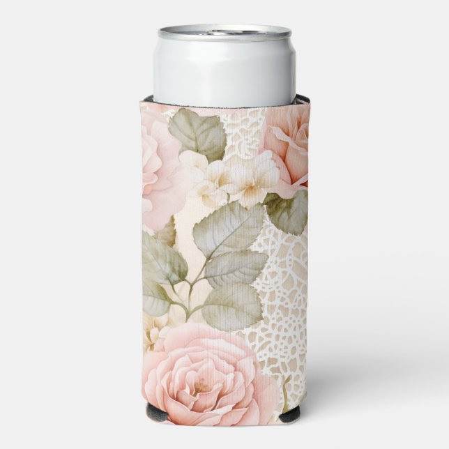 Cream Blush Pink Roses Floral Bridal Shower Seltzer Can Cooler (Seltzer Front)