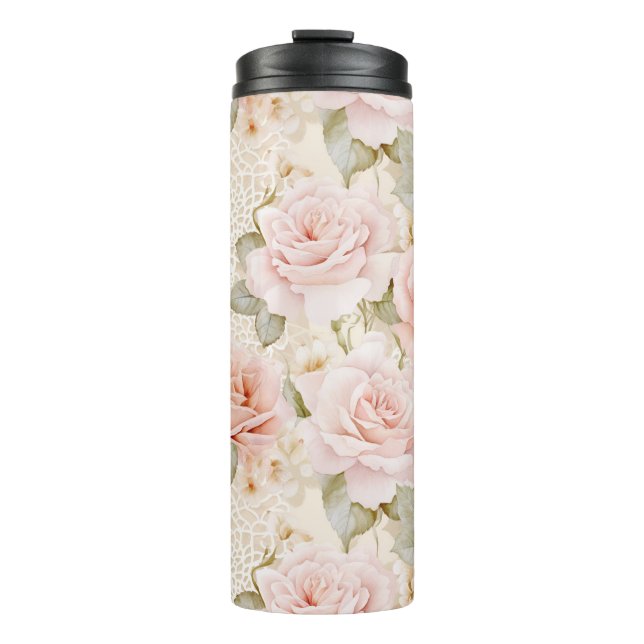 Cream Blush Pink Roses Floral Bridal Shower Thermal Tumbler (Front)