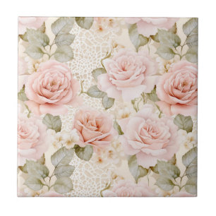 Cream Blush Pink Roses Floral Bridal Shower Tile