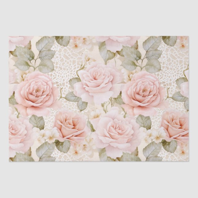Cream Blush Pink Roses Floral Bridal Shower Tissue Paper (Front)