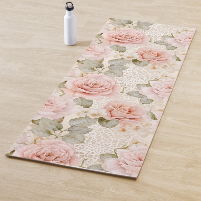 Cream Blush Pink Roses Floral Bridal Shower Yoga Mat (In Situ)