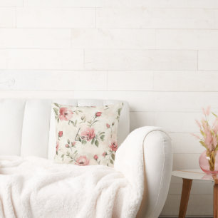 Cream Blush Pink Roses Floral Cushion