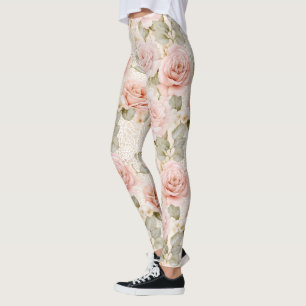 Cream Blush Pink Roses Floral  Leggings