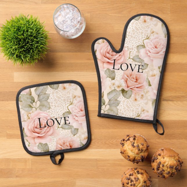 Cream Blush Pink Roses Floral   Oven Mitt & Pot Holder Set (Top Down)