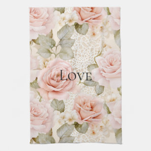 Cream Blush Pink Roses Floral Tea Towel