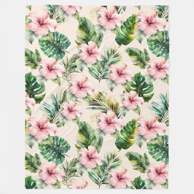Cream Blush Pink Tropical Leaves Hibiscus Flowers Fleece Blanket (Front)