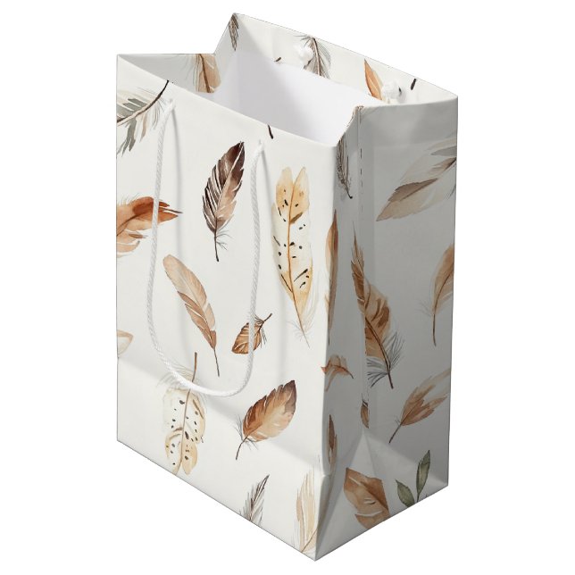 Cream Boho Feathers Birthday Medium Gift Bag (Front Angled)