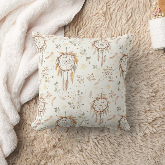 Cream Boho Feathers Dream Catchers Cushion (Blanket)