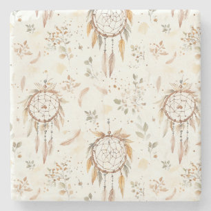 Cream Boho Feathers Dream Catchers Stone Coaster