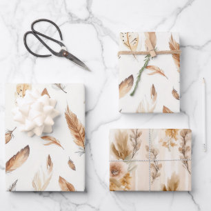 Cream Boho Feathers Flowers Birthday Wrapping Paper Sheet
