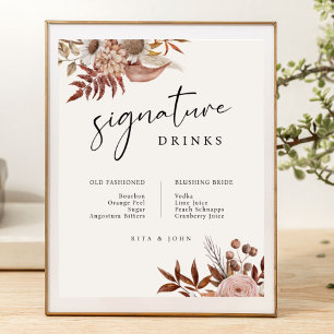 Cream Boho Floral Bar Signature Drinks Wedding  Poster
